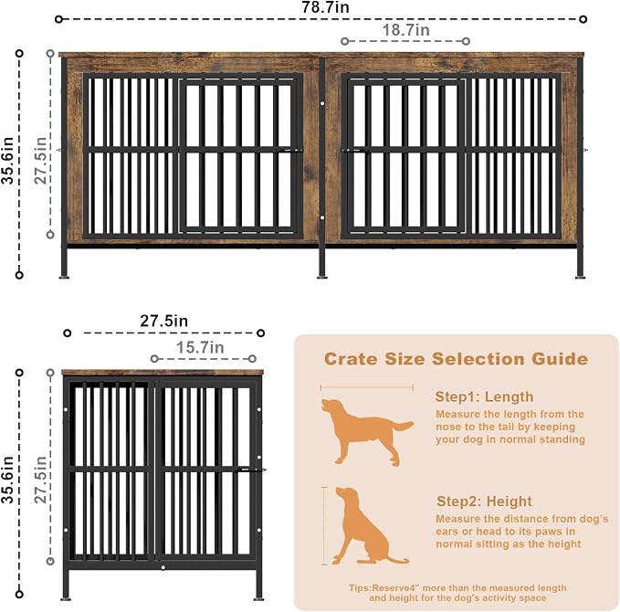 78" Double Dog Crate Furniture for Medium/Large Dogs, Brown | Thick wood, heavy-duty steel, 4-door escape-proof locks, waterproof scratch-resistant, extra-large, stylish, easy assembly