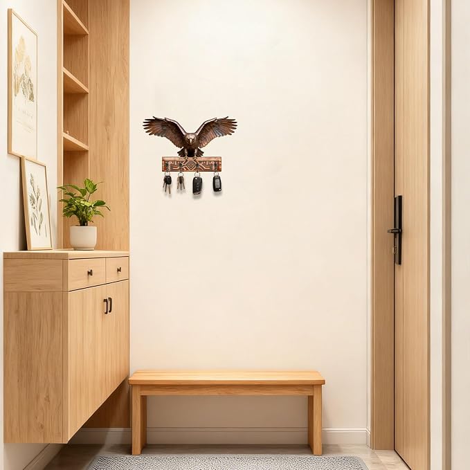 Goodangie00 Wooden Wall Art Decor with 4 Rustic Hooks, Eagle Treasure Chest Design Key Holder Wall Mount Hanger for Bag, Towel, Backpack, Clothes, Collars, Leashes, Bathroom, Kitchen
