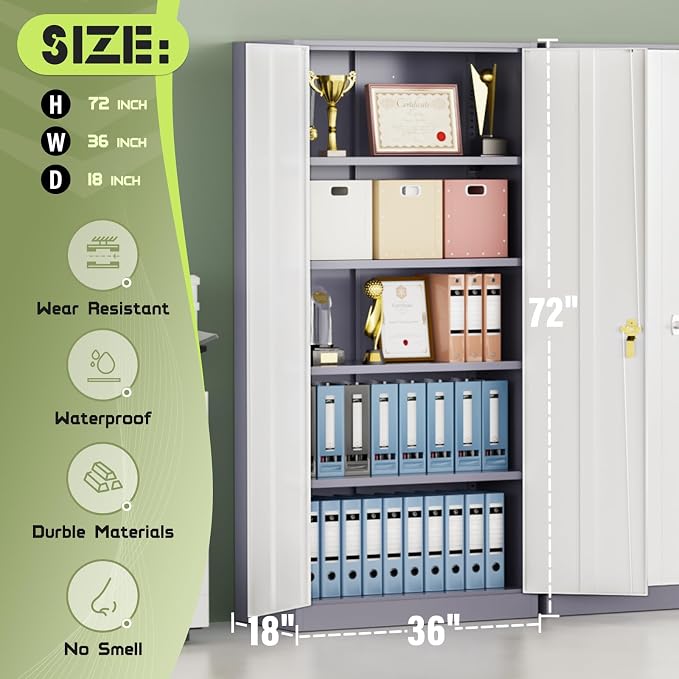 Crownland 72" Lockable Metal Storage Cabinet, Garage Storage Cabinets, High Office Cabinet with Adjustable Shelves for Garage, Home Office,Pantry, File(Grey White)