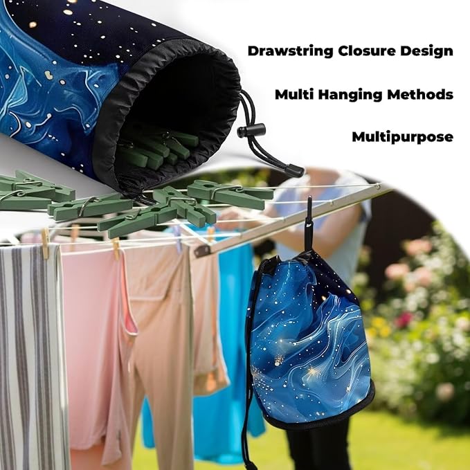 Clothespin Bag Holder Outside, Starry Sky Fluid Pattern Hanging Clothes Pin Bag with Drawstring Closure,Large-Capacity Clothespin Storage Organizer with Hooks