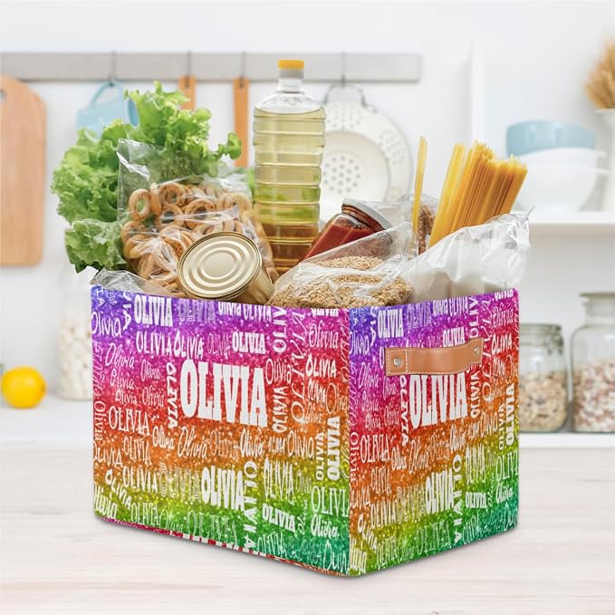 Custom Name Storage Bin, Bright Colorful Rainbow Sequins Glitter | Organizing Boys Girls Pets Toys Closet Shelf Clothes Books