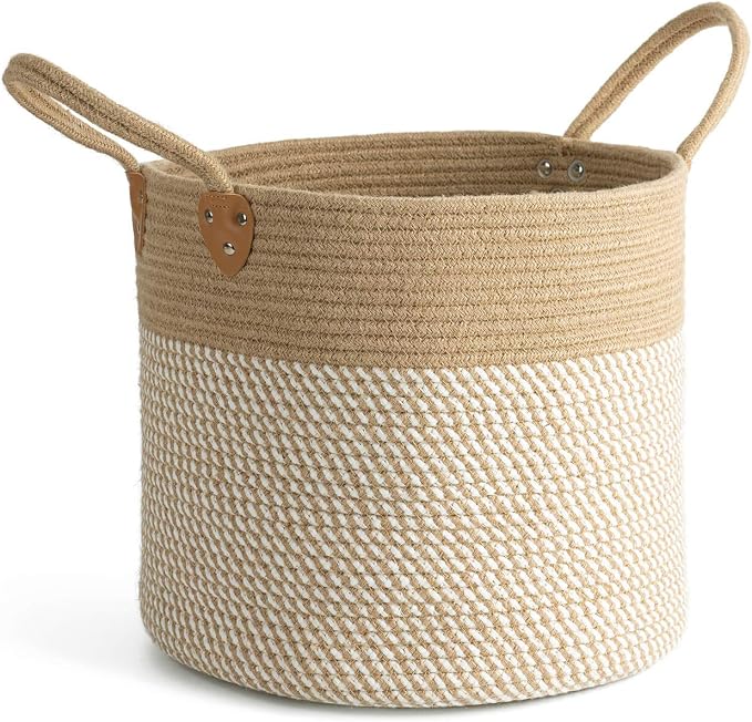 CHICVITA Wicker Storage Basket with Leather Handles, 14" x 12", White | Decorative Woven Basket for Toys, Shoes, Blankets & Laundry Storage, Living Room & Bedroom Organizer, Indoor Plant Basket