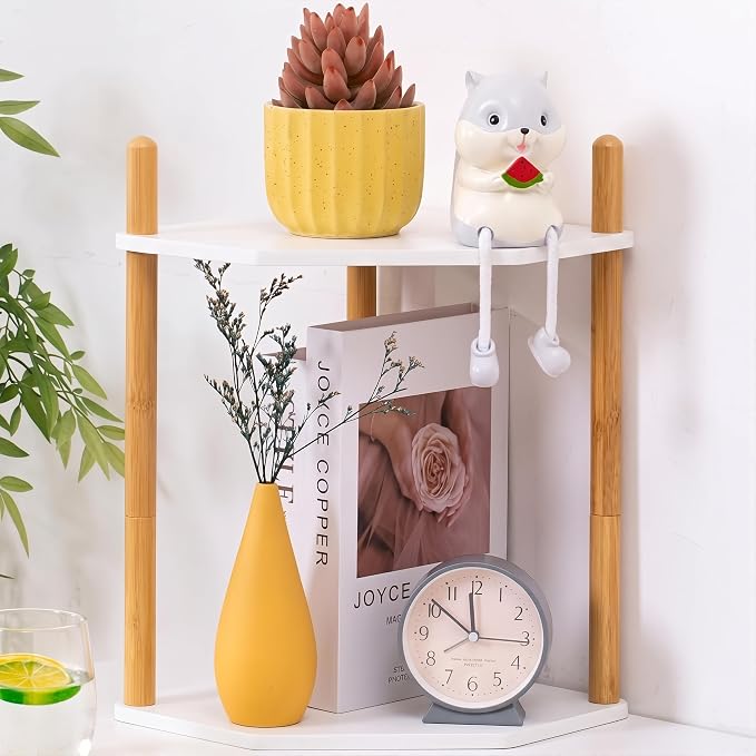 2-Tier Extra Tall Bamboo Corner Shelf, Kitchen Countertop Wine Bottle Organizer, Corner Counter Storage Rack for Pantry, Spice & Wine Organizers and Storage
