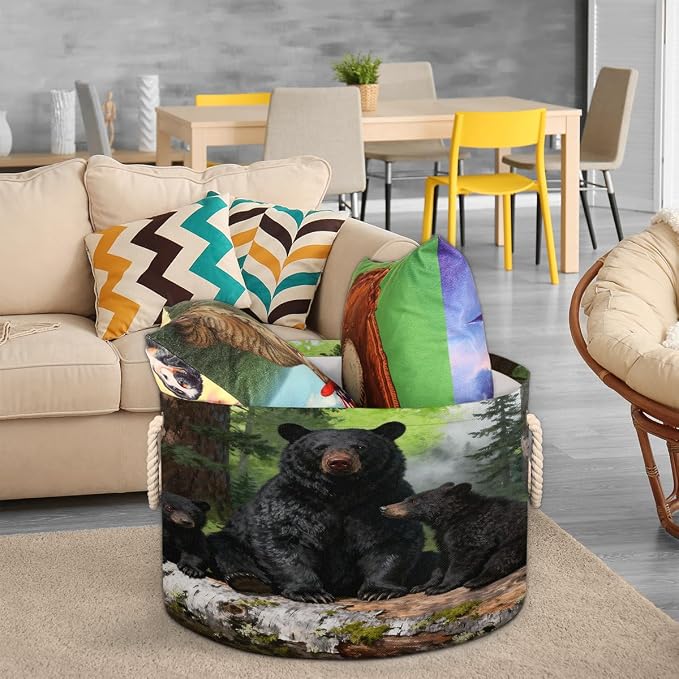 Large Storage Baskets - Black Bear Family Nursery Organizer Bin Box with Handles Collapsible Round Laundry Hamper for Kids Toys Pet Blanket, Bedroom Living Room Home Decor Gift Basket