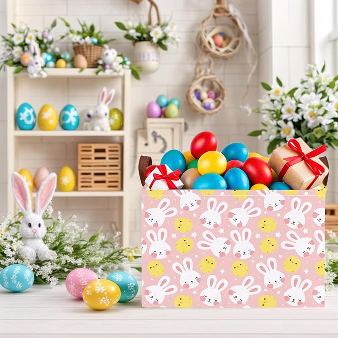 Large Cute Easter Basket for Kid Empty Gift Baby Rectangle Storage Bin Bunny Eggs Boy＆Girl Room Décor (Rabbit Chicken Star Pink)
