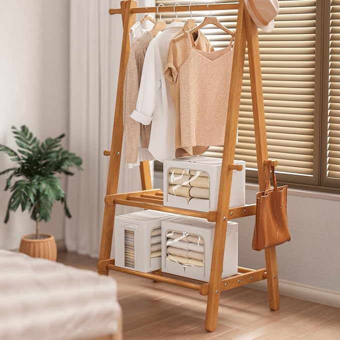 FHSQX 3 Pack Clothes Storage Bins with Metal Frame | Cream White, 23.6x16.5x15.7inch,Foldable, Stackable Linen Fabric, Carrying Handles, Clear Window