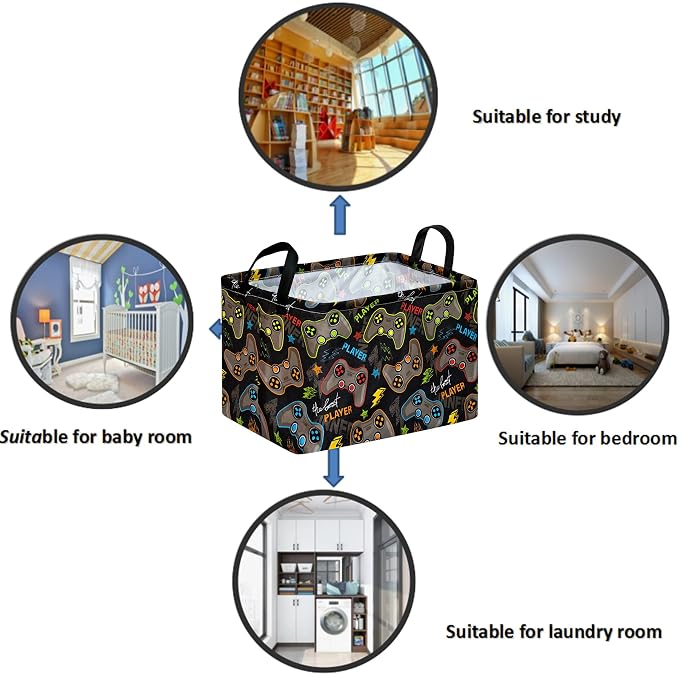 Gaming Controller Storage Basket,Foldable Storage Bin with Leather Handles | Foldable storage bin with coated lining for controllers, headsets, toys, game rooms and gamer gift baskets