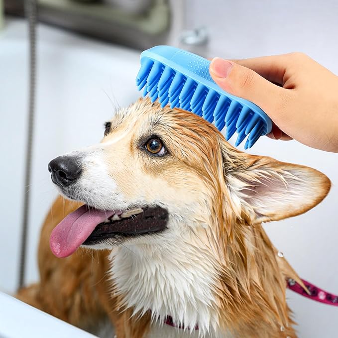 Blue Pet Bath Brush | Dog Shampoo Brush for Bathing | Silicone Dog Scrubber with Ergonomic Design for Grooming and Massaging | Gentle Pet Washing Tool for Cats and Dogs