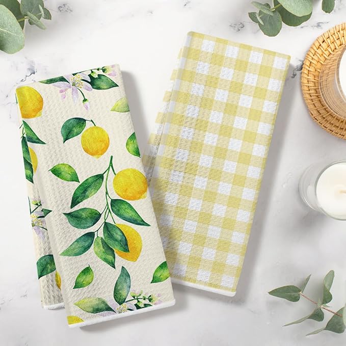 Lemon and Yellow Checkered Kitchen Towels, Quick Dry Multipurpose Waffle Weave Hand Towels for Bathroom, Absorbent Reusable Cloth Tea Dish Towels for Home Decor, Lemon Lover Gift Towel Set of 2