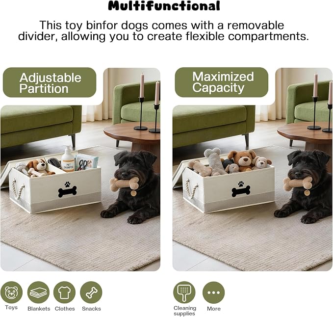 Dog Toy Basket with Double-Open Lid, Divided Dogs Basket for Toys, Collapsible Pet Toys Box, Dog Storage Organizer with 2 Divided Area, Puppy Toy Baskets with Rope Handles, Beige & Gray