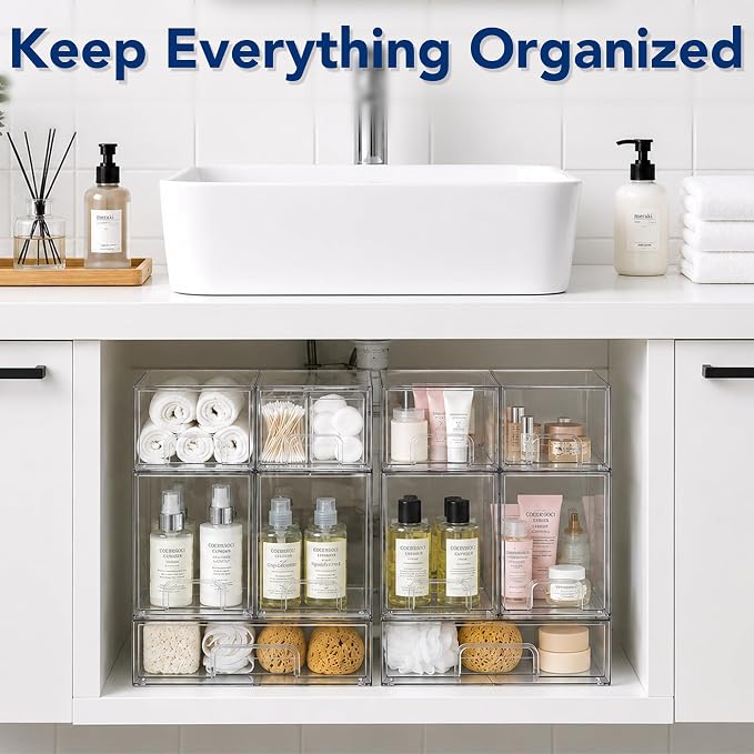 Baby Bottle Organizer Stackable, Acrylic Storage Drawers 5 pack with Non-Slip Pads, Pull-Out Drawers for Baby Bottle, Pump Parts, Pantry, Vanity Countertop (4.4" and 7.6" Tall and 12.1" Wide)