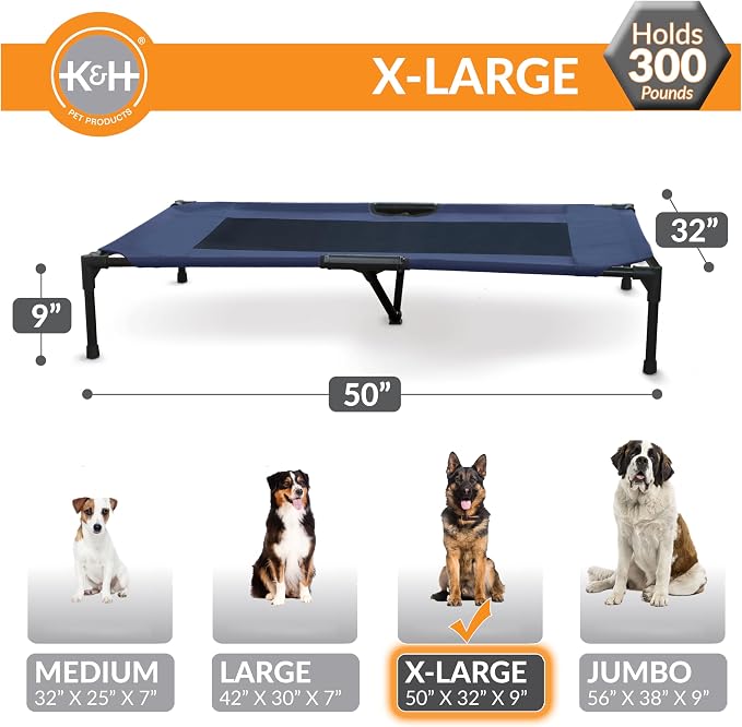 K&H Outdoor Elevated Dog Bed, Cooling Raised Dog Bed, Blue, XL 50x32in | Pet Cot for Large & Extra Large Pets, Breathable Mesh Center Hammock Design, Indoor/Outdoor Washable Cover, 50x32in