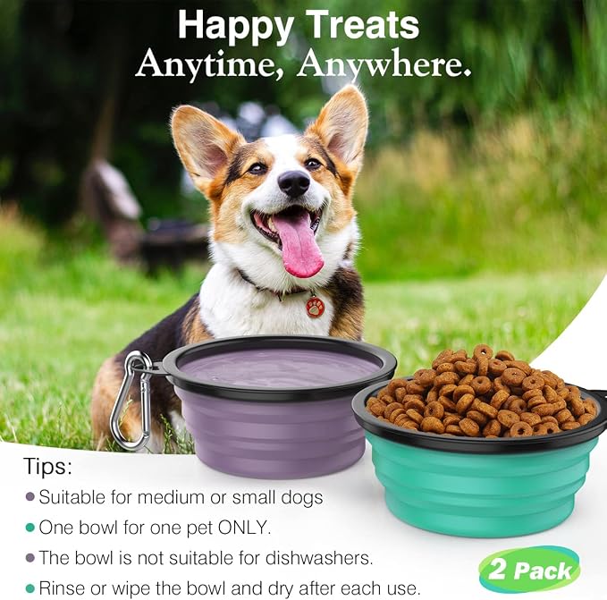 Pawaboo Collapsible Travel Dog Bowls 2 Pack with Lids&Carabiners Silicone | Feeding Watering Bowls for Dogs Cats, Collapsable Water Feeder Food Bowl for Walking Traveling Home Use, VioletTurquoise