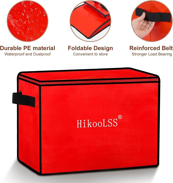HikooLSS Christmas Ornament Storage Box - Stores up to 72 Holiday Ornaments | With Adjustable Dividers,Covered Top and Two Handles,Double Zipper. PE Material Keeps Holiday Ornaments Clean and Dry (Red)