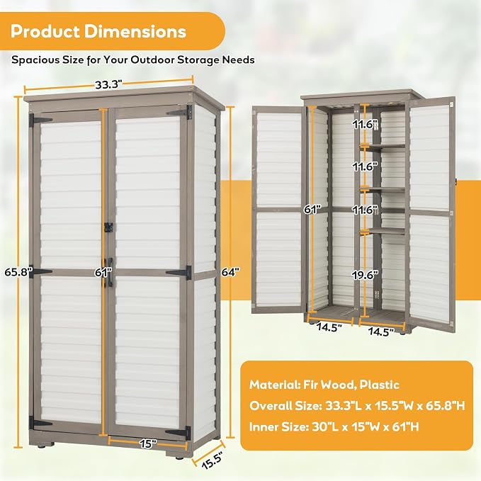 Outdoor Storage Cabinet, Wood & Plastic Garden Shed with Adjustable Shelves | Waterproof Slanted Roof, Rustproof Plastic Panels, Lockable Magnetic Doors, Leveling Feet, White, for Patio, Backyard, Garage