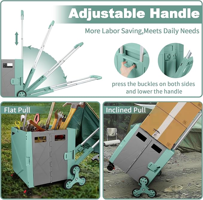 76L Folding Utility Cart Portable Rolling Crate Handcart Shopping Collapsible Tool Box with Stair Climbing Wheels,Hidden Lid,2 Rotate Wheels,for Grocery,Shopping,Office,Storage(Green)
