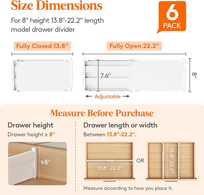 Lifewit 8" Tall Drawer Dividers, Adjustable Deep Drawer Organizer Clothes | 6 Pack 13.8"-22.2" Expandable White Plastic Separators for Dresser, Kitchen, Cabinet, Closet, Office Organization & Storage