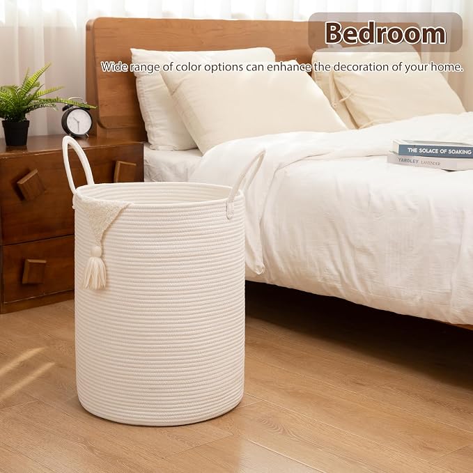 OIAHOMY 60L Nursery Hamper Laundry Basket Laundry Hamper White | collapsible Blanket Basket Cotton Rope Woven Basket Dirty Clothes Hamper Baby Hamper Tall Clothes Hamper with Handles