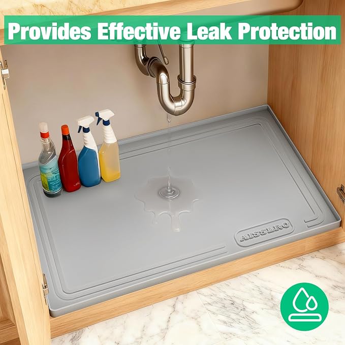 Under Sink Mat 34" X 22", Waterproof Silicone Cabinet Kitchen Liner, Gray | BPA-Free Raised-Edge Cabinet Protector & Leak Tray for Bathroom Cabinets, Boots, Pet Feeding Dog & Cat Mats, Dishwasher Safe