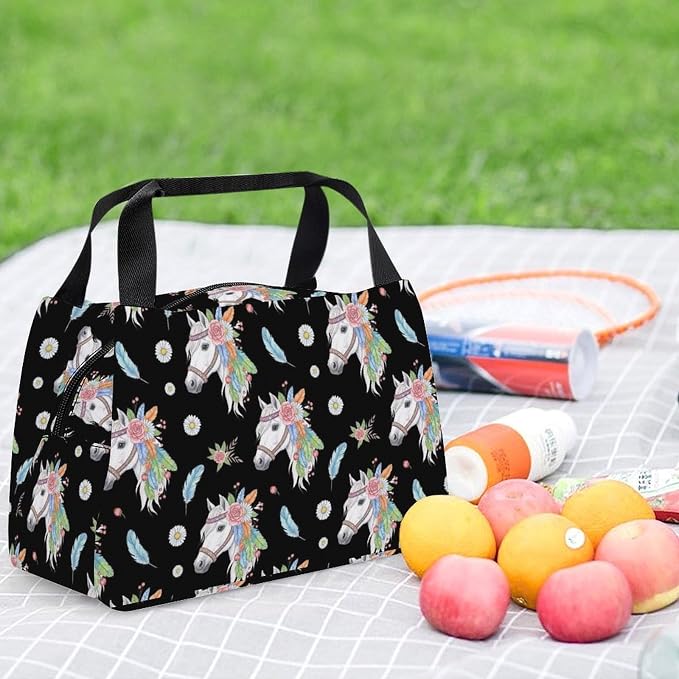 Cool Large Capacity Cooler Tote, Feathers Horse Daisy Floral | Reusable Insulated Lunch Box, for Office Travel, Portable Handheld Food Storage Bag, for Snacks Drinks