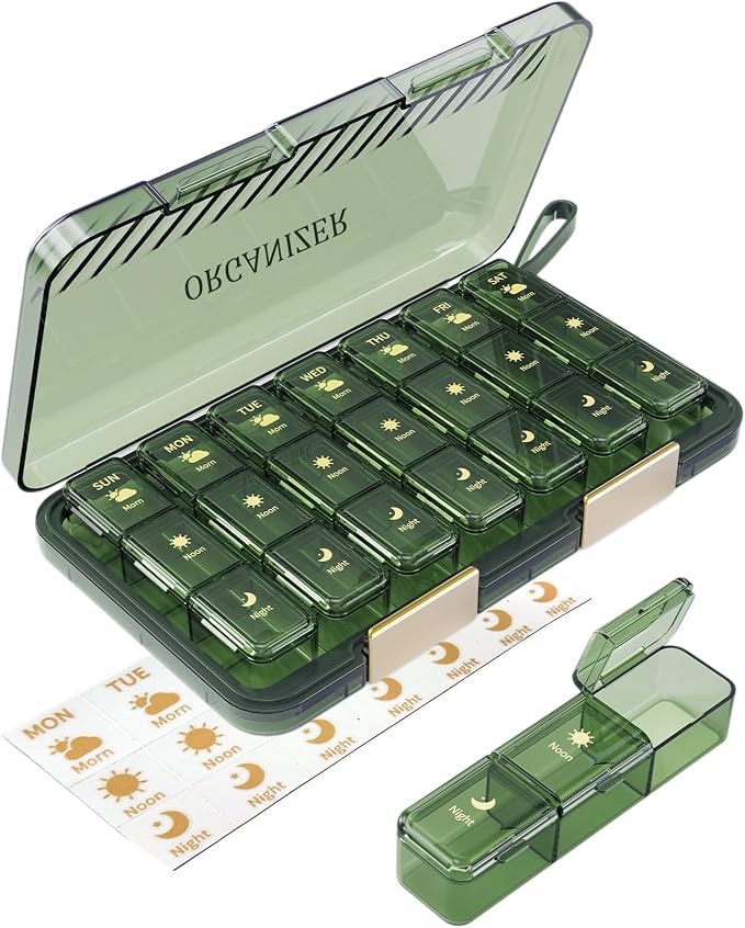 Weekly Pill Organizer 3X a Day, Large 7 Day Pill Box 3 Times a Day with 7 Compartments, Portable Travel Daily Pill Box for Medication, Vitamins, Fish Oil and Supplements, Green