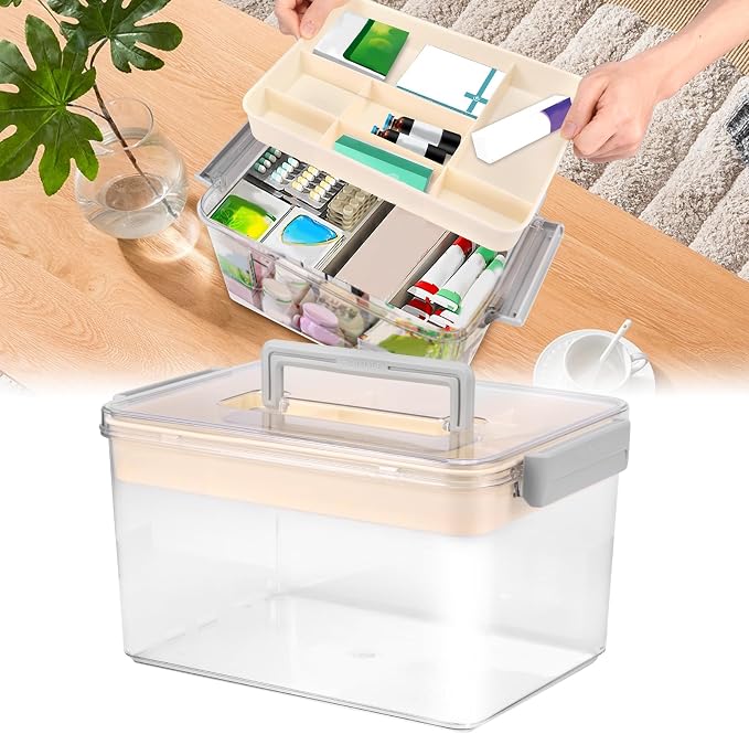 Medicine Organizer Storage Box with Handle, Clear Plastic First Aid Kit Organizer, Portable Multipurpose Emergency Supplies Container with Removable Tray for Home Office, Waterproof (Clear)