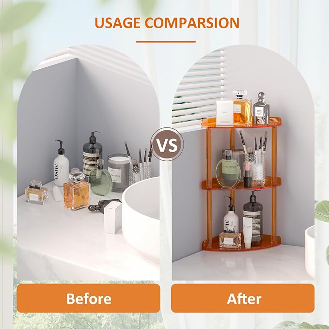 Sezanrpt 3 Tier Countertop Corner Organizer Shelf 7x7x15.7 Inch, Orange Countertop Acrylic Bathroom Corner Shelf, Vanity Storage Organizer for Cosmetics, Toiletries
