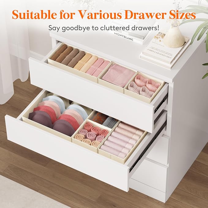 Lifewit Drawer Organizer Clothes for Closet, Khaki, 16 Pack | 3 Sizes Underwear Wardrobe Drawer Dividers, Fabric Foldable Dresser Storage Organizer Bins for Sock, Bra, Lingerie, Undies