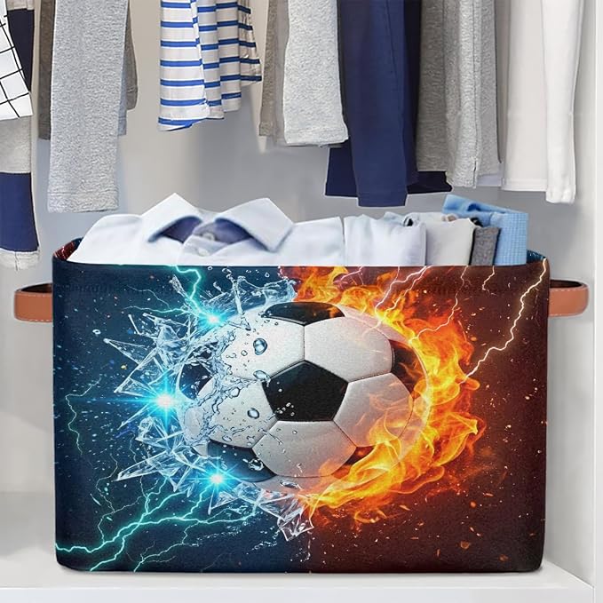 AUUXVA SEULIFE Football Soccer in Fire Water Foldable Storage Basket, Large Collapsible Organizer Storage Bin Cube Toys Storage Boxes with Handles for Bathroom Kids Nursery Closet Storage, 1 Pack