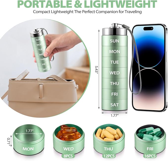 Metal Travel Pill Organizer, Portable Weekly Pill Box, 7 Day Pill Container | OUVBTX Aluminum Alloy Pill Case, Large, Waterproof, Stackable, Medicine Holder for Vitamin, Fish Oil, Supplement, Green