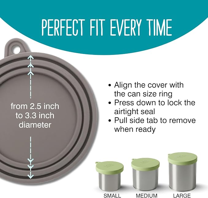Messy Mutts Silicone Universal Can Cover, Fits 3 Can Sizes, Grey | Reusable Silicone Pet Food Can Cover, Fits Small, Medium, And Large Cans, Airtight And Dishwasher Safe
