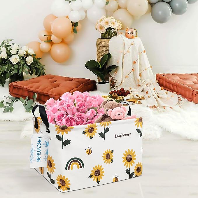 Rectangular Collapsible Sunflower Storage Basket Nursery Organizer | Storage Bin Foldable Canvas with Handles for Organizing Home Kitchen Children Toys Office Closet Shelf Baskets