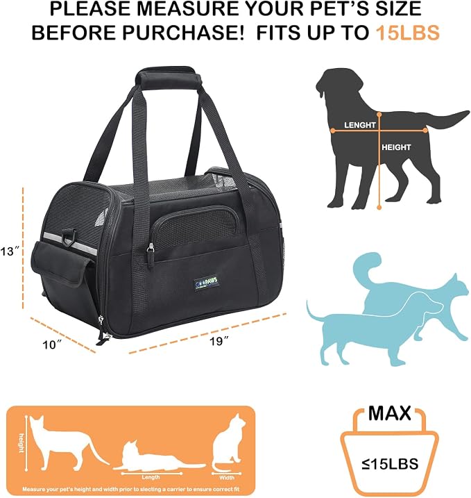 Jespet Airline Approved Soft-Sided Kennel Pet Carrier Travel Handbag | Lightweight, Foldable, Portable, Built-In Safety Leash, Luggage Sleeve, for Cats & Small Dogs, for Indoor & Outdoor