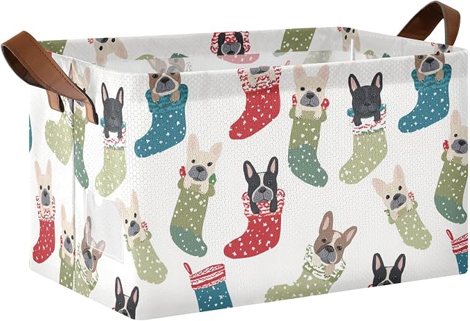 Cute Christmas French Bulldogs Storage Basket Foldable Cube Storage Bins with Handles&Label Waterproof Collapsible Organizer Box Bin Large Rectangle Decorative Baskets for Shelves Home Room Laundry