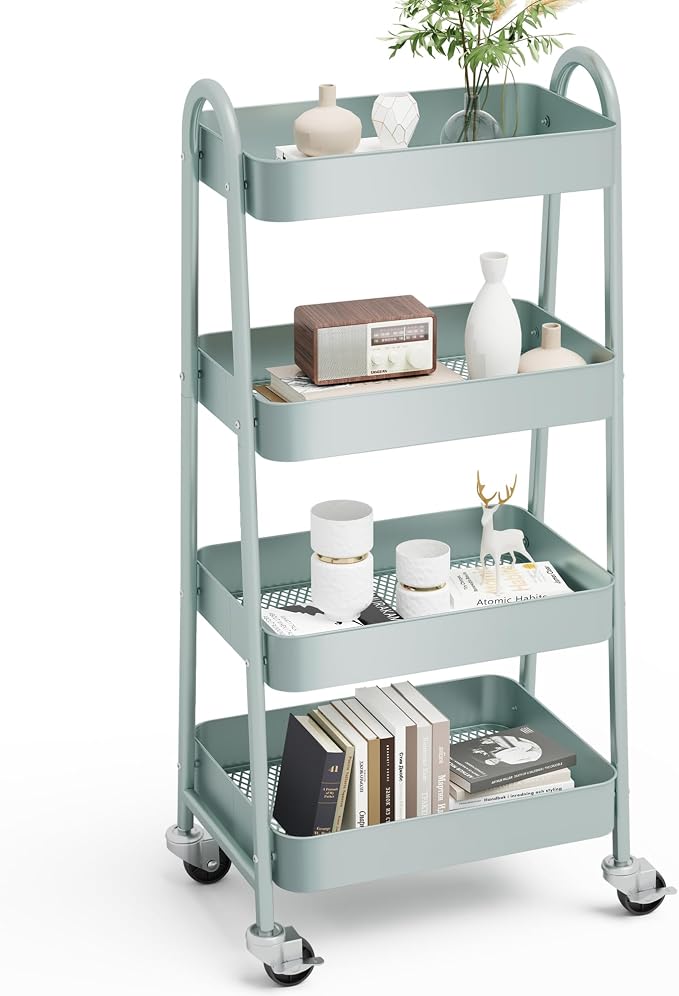 OLIXIS Metal 4 Tiers Rolling Storage Utility Cart with Lockable Wheels | Mobile Organizer Shelf, Space-Saving, Freestanding, Bathroom, Living Room, Slim, Narrow Corner Spaces, Green