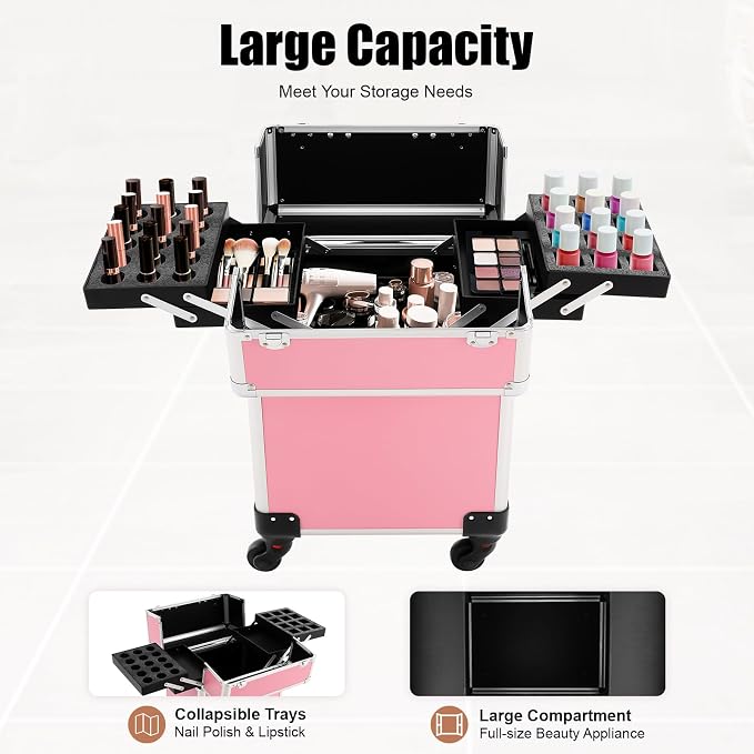 Rolling Makeup Train Case, Lockable Cosmetic Trolley with 2 Keys, Aluminum Cosmetic Case Rolling Makeup Trolley Case 4 Tray with Sliding Rail, Salon Barber Case Traveling Cart Trunk