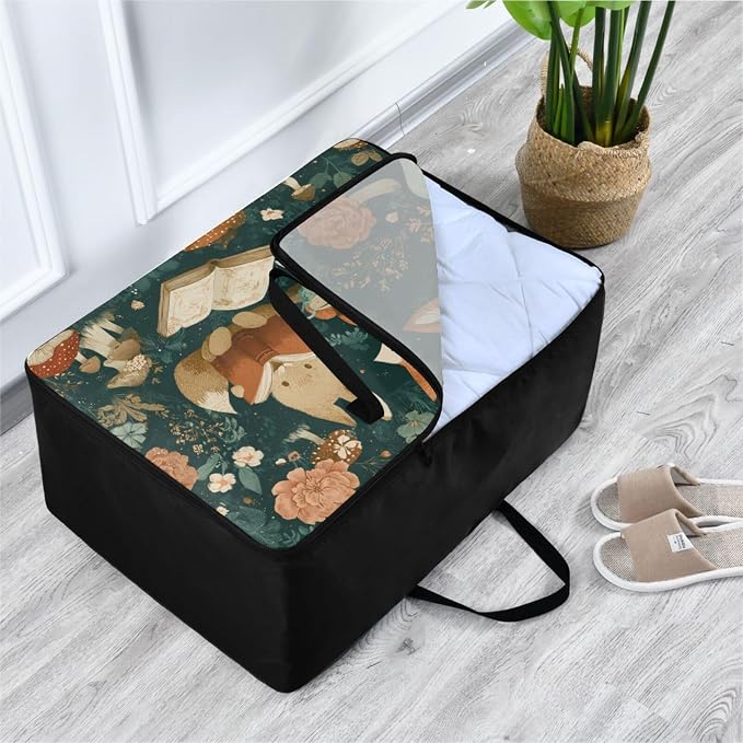 Comforter Storage Bags Large Folding Blanket Organizer Bag with Strong Handles Clear Window Closet Storage Containers for Clothes King Queen Pillows Bedding Quilt Duvet Fox Bunny Mushrooms Gree
