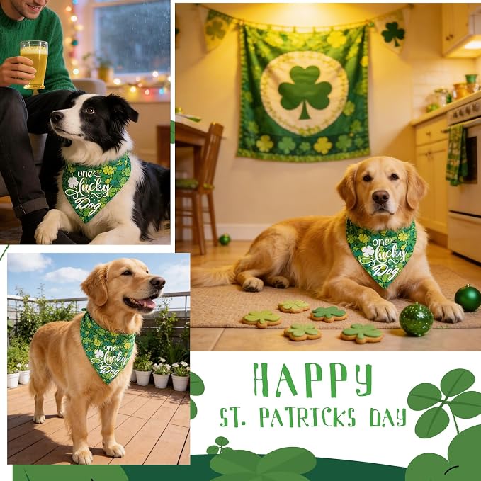 Dog Bandana for St. Patricks Day 2-in-1 Reversible - One Lucky Dog & 4-Leaf Clover Design, Pet Scarf with Snap Button Cute Lucky Holiday Costumes, Large & Giant Breeds (75lbs+)
