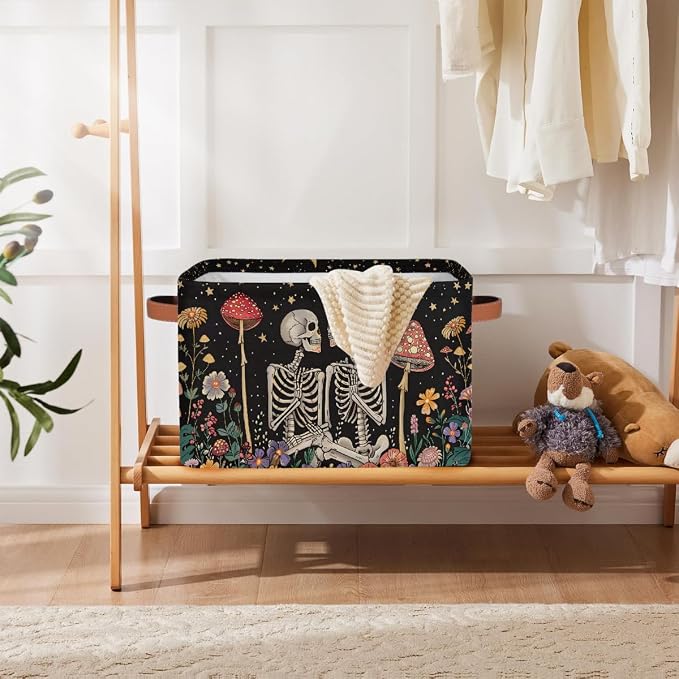 Pardick Storage Baskets Bin, Boho Skull Mushroom Collapsible Canvas Fabric Storage Bin Decorative Baskets Toy Organizer Rectangle Storage Boxes with Handles for Home Shelves Nursery,1Pack,A-1872