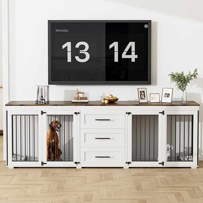 OUYESSIR 94.5" Dog Crate Furniture for Medium Large Dogs, White Brown | Extra large dog kennel fits 2 Medium or large dogs, 3 Storage Drawers, 4 removable Stainless steel dog bowls, Solid Wood