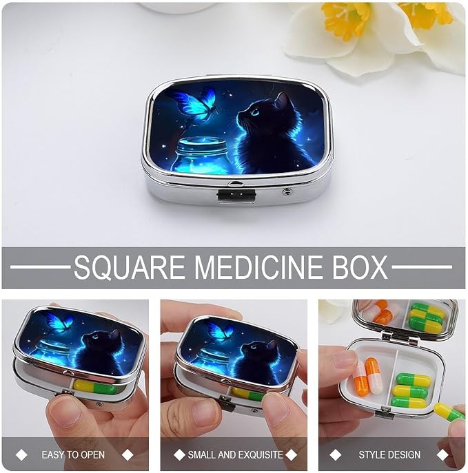Black Cat Pattern Durable Metal Pill Case for Daily Use, 2 Slot Medicine Box Organizer,Leak Proof Travel Pill Container for Vitamins, Compact Pocket Medicine Holder for Seniors,Holiday Gift