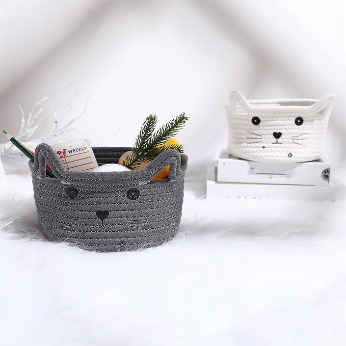 Zopeal Cat Storage Basket Woven Organizer with Ears Decorative Gift Cute Cotton Rope Pet Toy Basket for Gift Cat Dog Toy Bin Nursery Room(8.3 x 4.7 Inch,Gray)