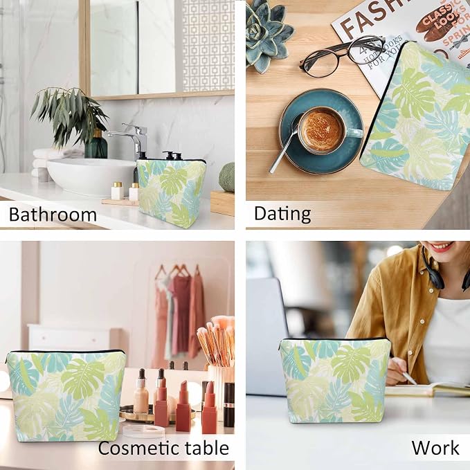 Palm Leaves Makeup Organizer Bag Cosmetic Bag For Men Women, Tropical Beach Palm Leaf Floral Travel Toiletry Bag Flax Makeup Bags Purse Business Makeup Pouch For Toiletries Cosmetics Green
