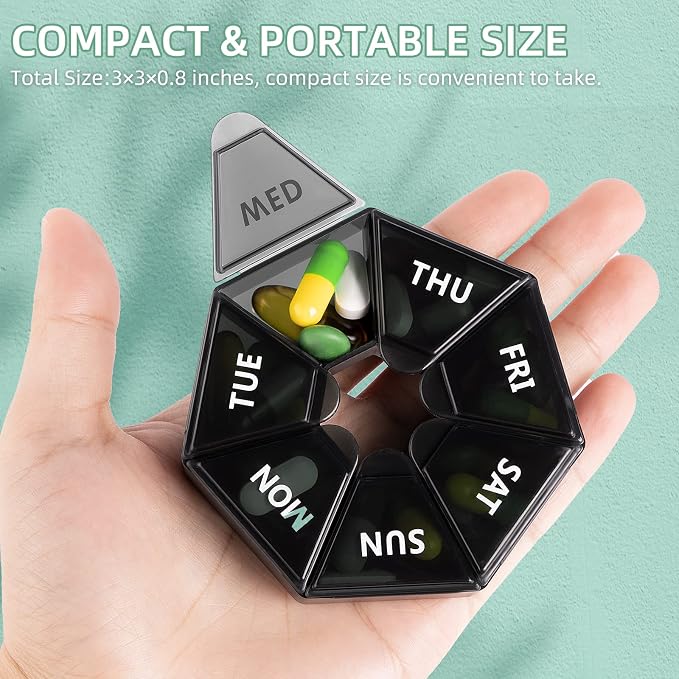 Weekly Pill Organizer, 2 Pack Portable Travel Pill Box, 7 Day Pill Case | Easy Open, BPA-Free, Arthritis Friendly Medicine Pill Container, Medicine Case for Vitamins,Supplements Medications, Black