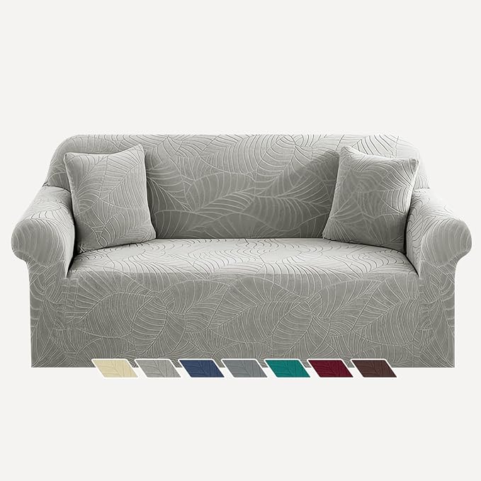 YEMYHOM Couch Cover Latest Jacquard Design High Stretch Sofa Covers for 2 Cushion Couch, Pet Dog Cat Proof Loveseat Slipcover Non Slip Elastic Furniture Protector (Medium, Begonia Leaf Light Grey)