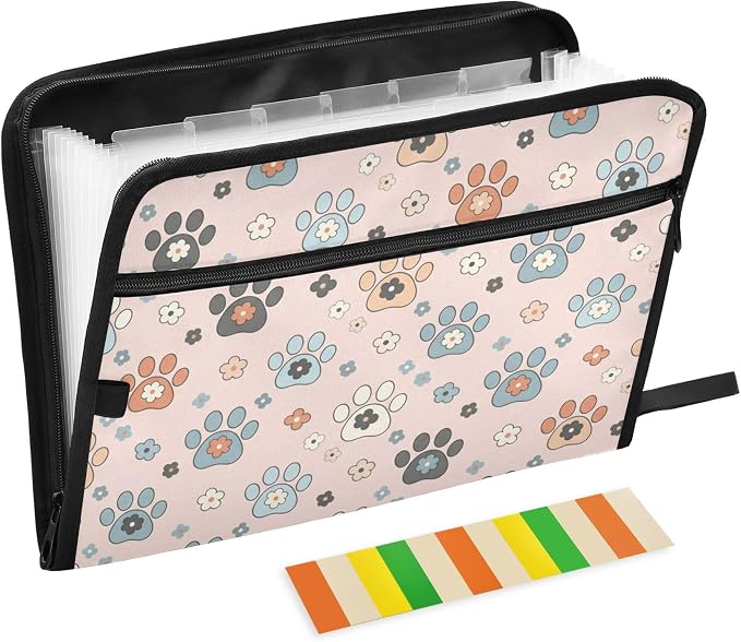Cute Pet Paw Flowers Expanding File Folder with Sticky Labels, 13 Pockets Accordion File Folder Document Organizer Expandable Zip File Folder with Zipper Closure