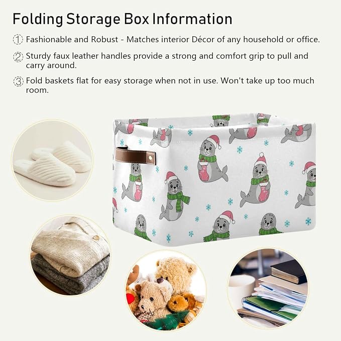 Christmas Seal White Print Rectangular Storage Bin Basket with Handles - Organizer Bin for Books Clothes Laundry Basket for Pets Playroom