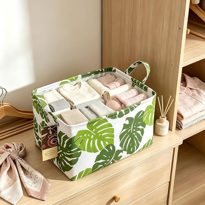 Rectangle Foldable Storage Basket Handles For Home, Leaf | Waterproof canvas material, reinforced handles, perfect for shelf use, organizes clothes, daily items and pet supplies