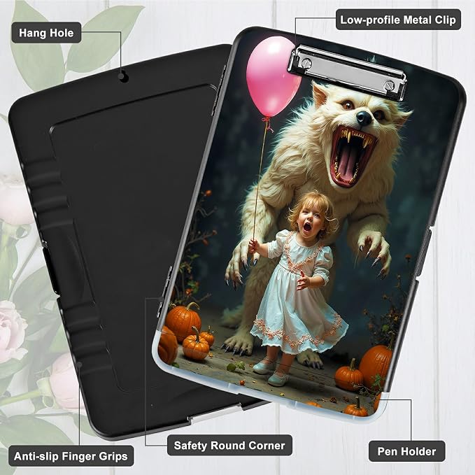A4 Clipboard with Storage Pen Holder, Clipboards Organizer Nursing Clipboard Foldable File Folder Plastic Clipboard Folio Clip Board for Office Classroom Doctor, White Tiger Balloon Girl