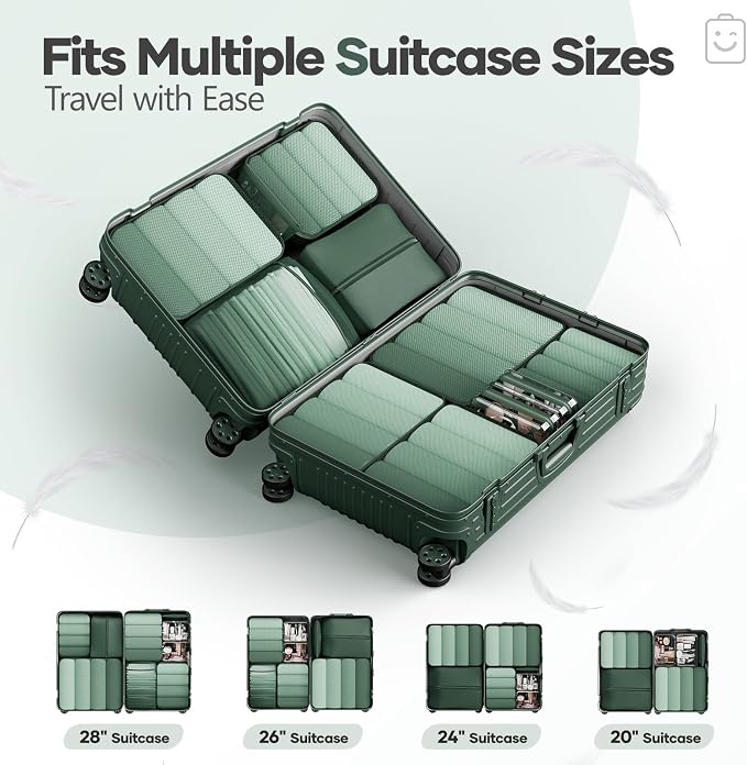 Veken 11 Set Compression Packing Cubes Garment Bags for Travel Essentials,Compressible Expandable Luggage Organizer Bags for Clothing,Space Saver Bags with Over 1000 pcs of Mesh Holes(Dark Green)